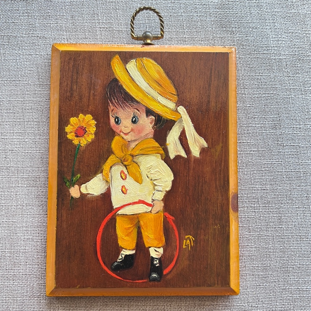 Vintage Sailor Boy With Daisy Wooden Wall Plaque 70-80s Cottagecore Folkart VTG